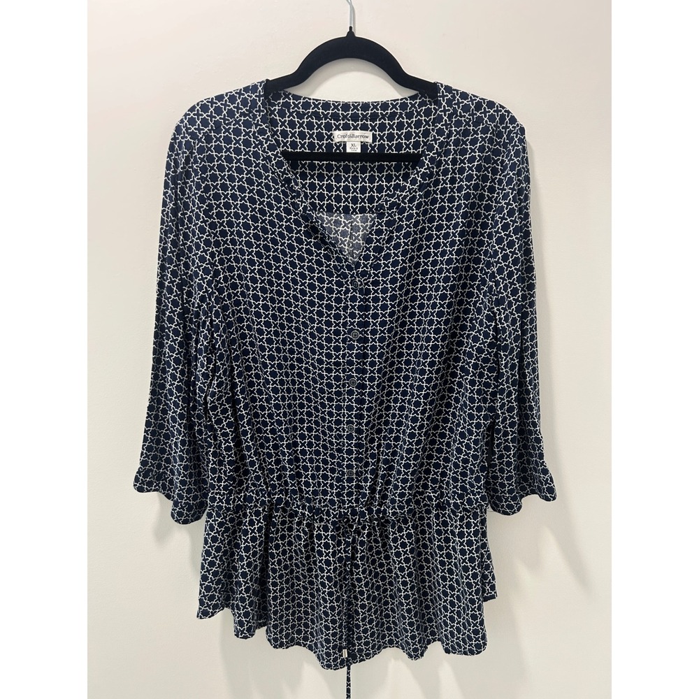 Croft & Barrow Navy White Geometric Print Drawstring Waist Rayon Blouse XL
